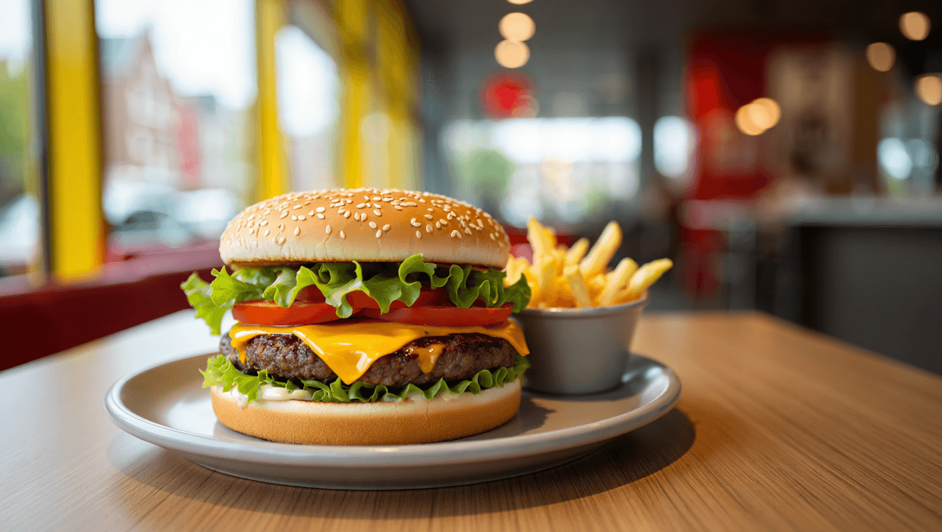 close-up of a classic cheeseburger with melted cheese and fresh toppings on a sesame seed bun