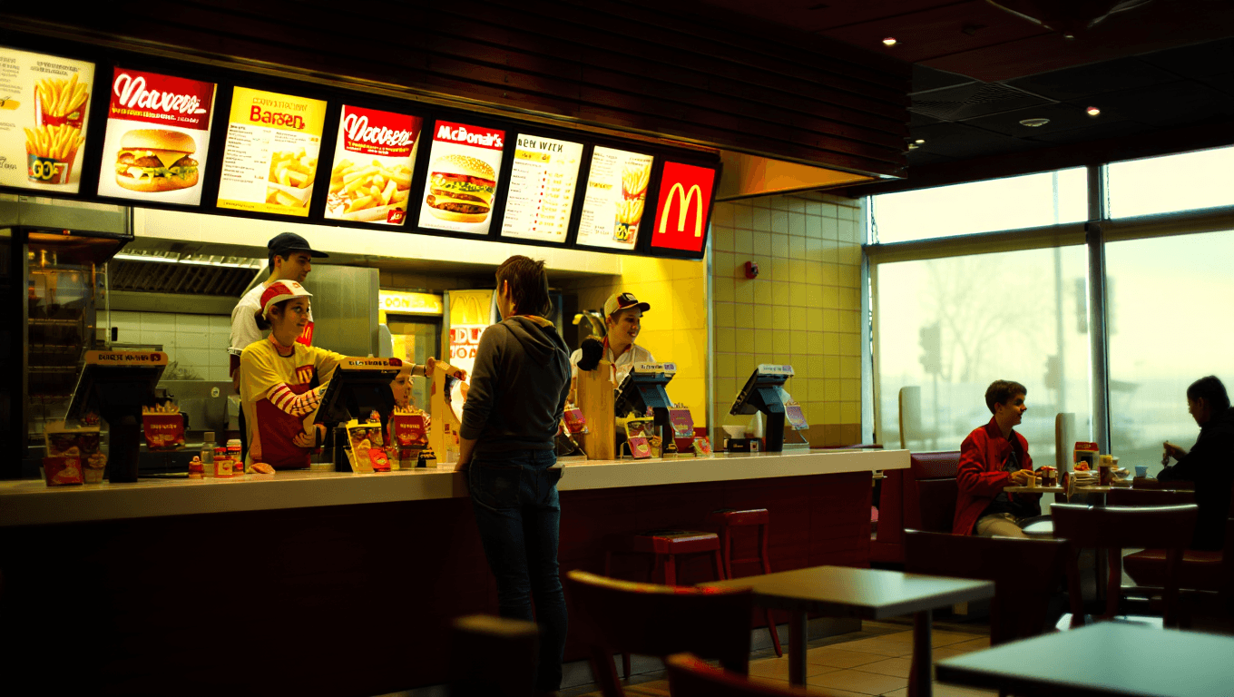 warm counter detail of a fast food restaurant with menu boards and clean service area under bright light