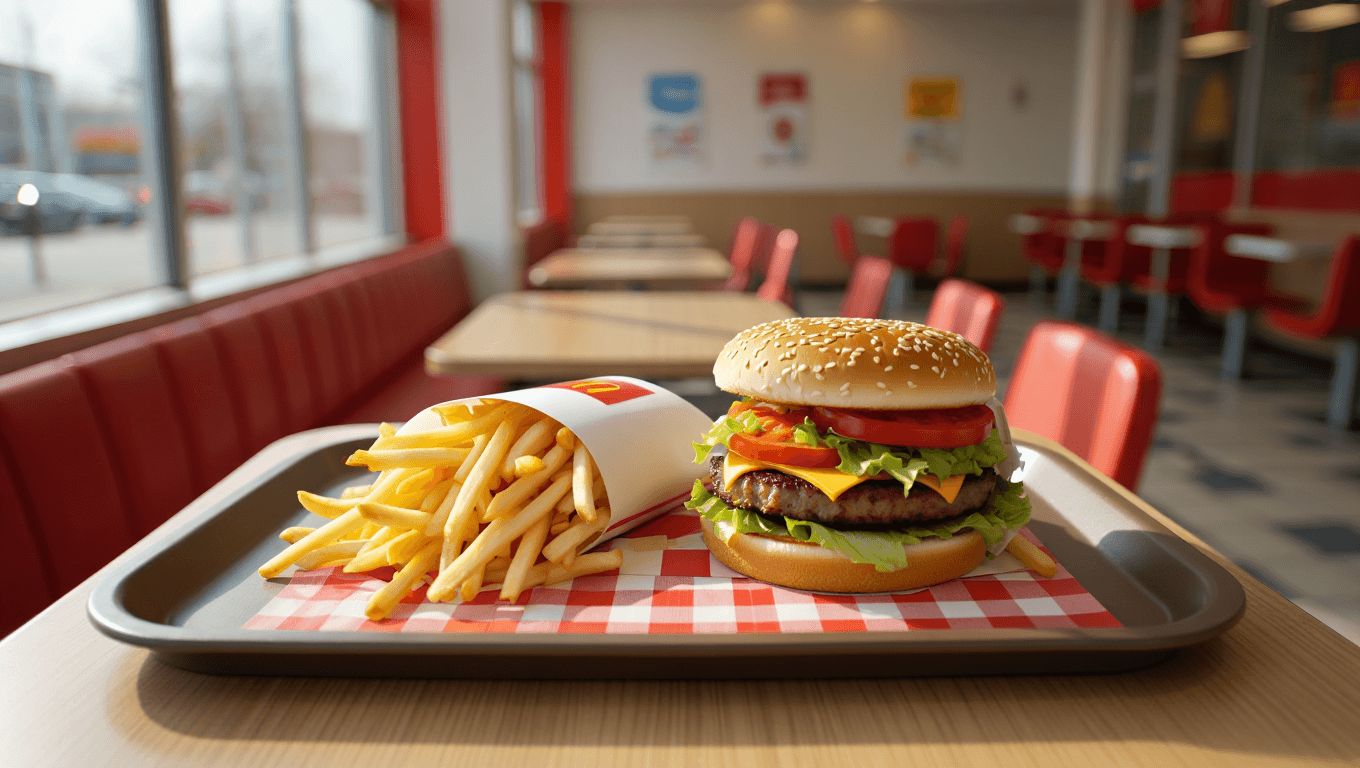 freshly assembled burgers and golden fries on a tray in a bright fast food restaurant