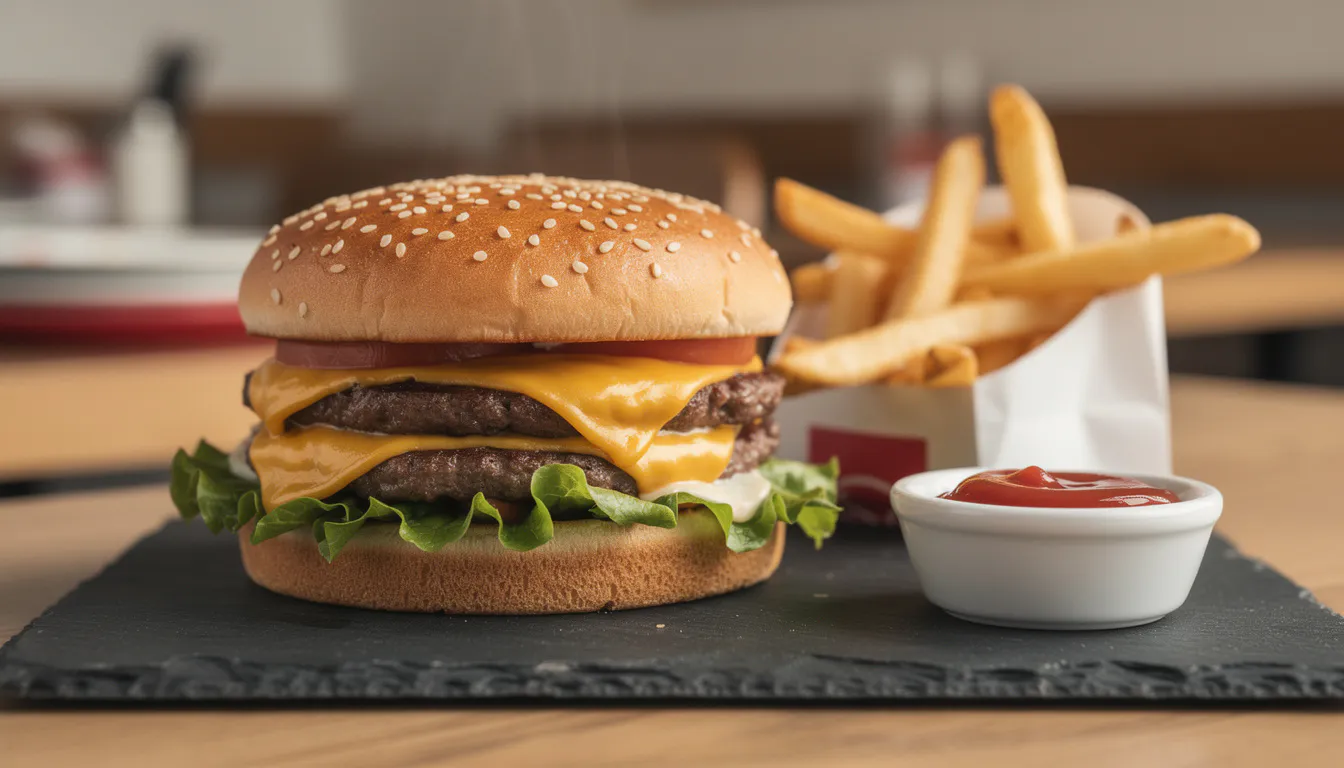 close-up of a double cheeseburger with melted cheese and sesame bun on a dark slate surface