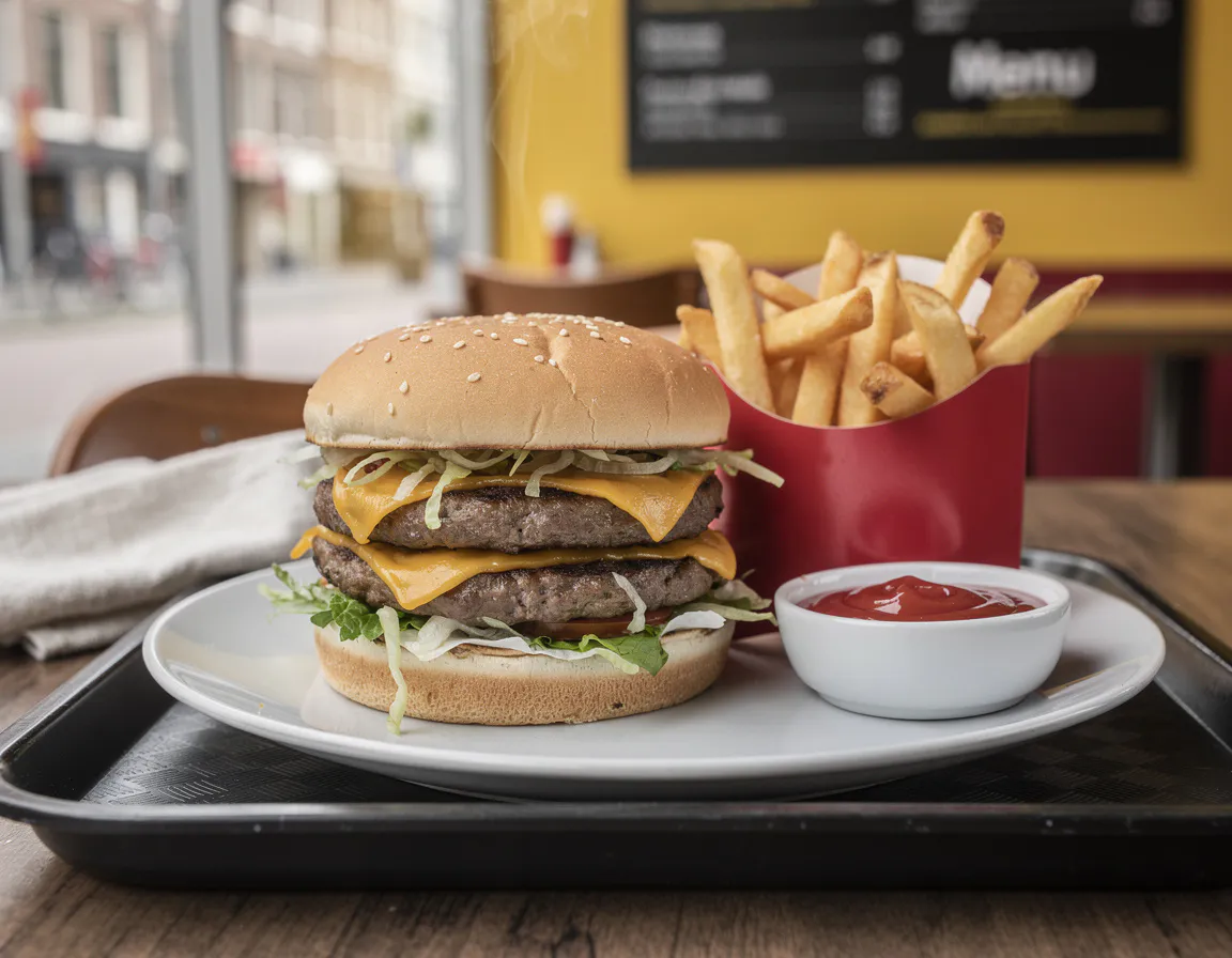 Big Mac double burger with two beef patties, lettuce, cheese and sesame bun on a dark tray