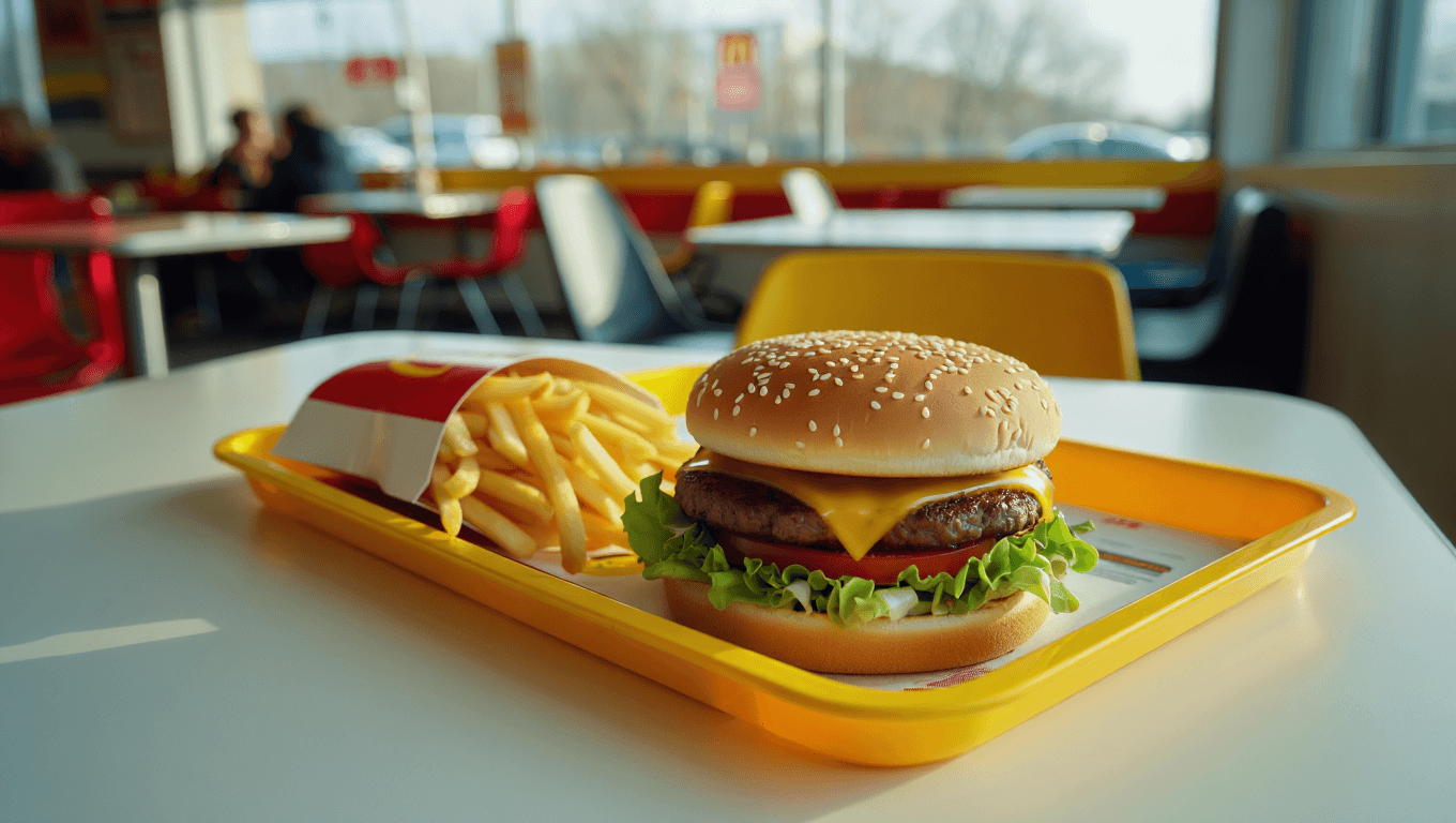juicy beef burger with melted cheese, fresh lettuce, and sesame seed bun on a bright serving tray