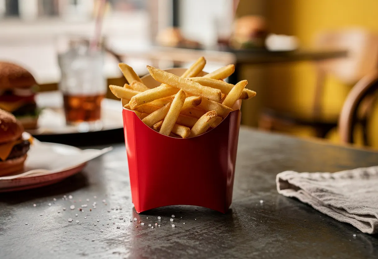 golden crispy french fries in a red fry holder on a dark concrete table