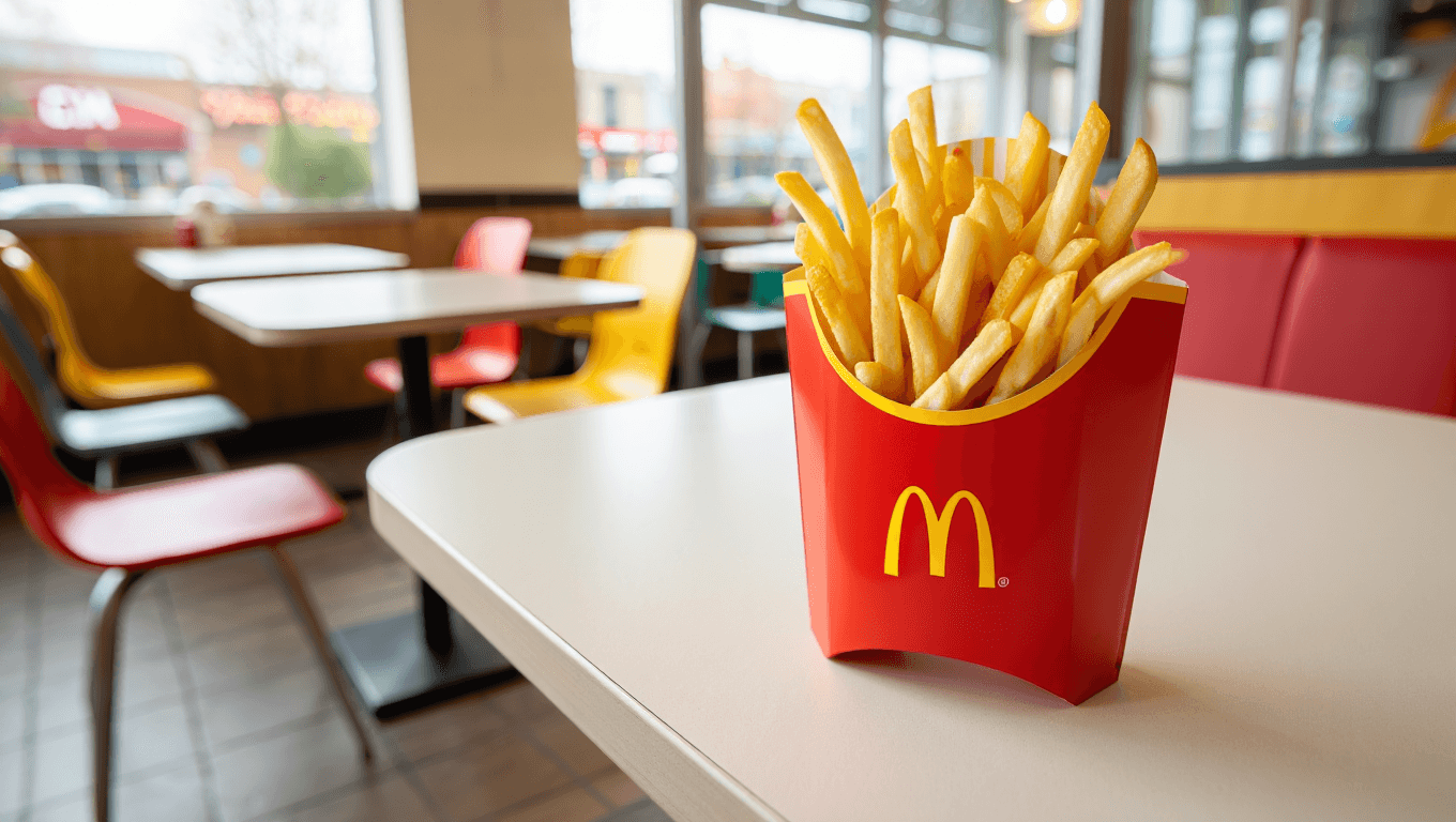 golden crispy french fries in a red paper container on a clean counter with natural light