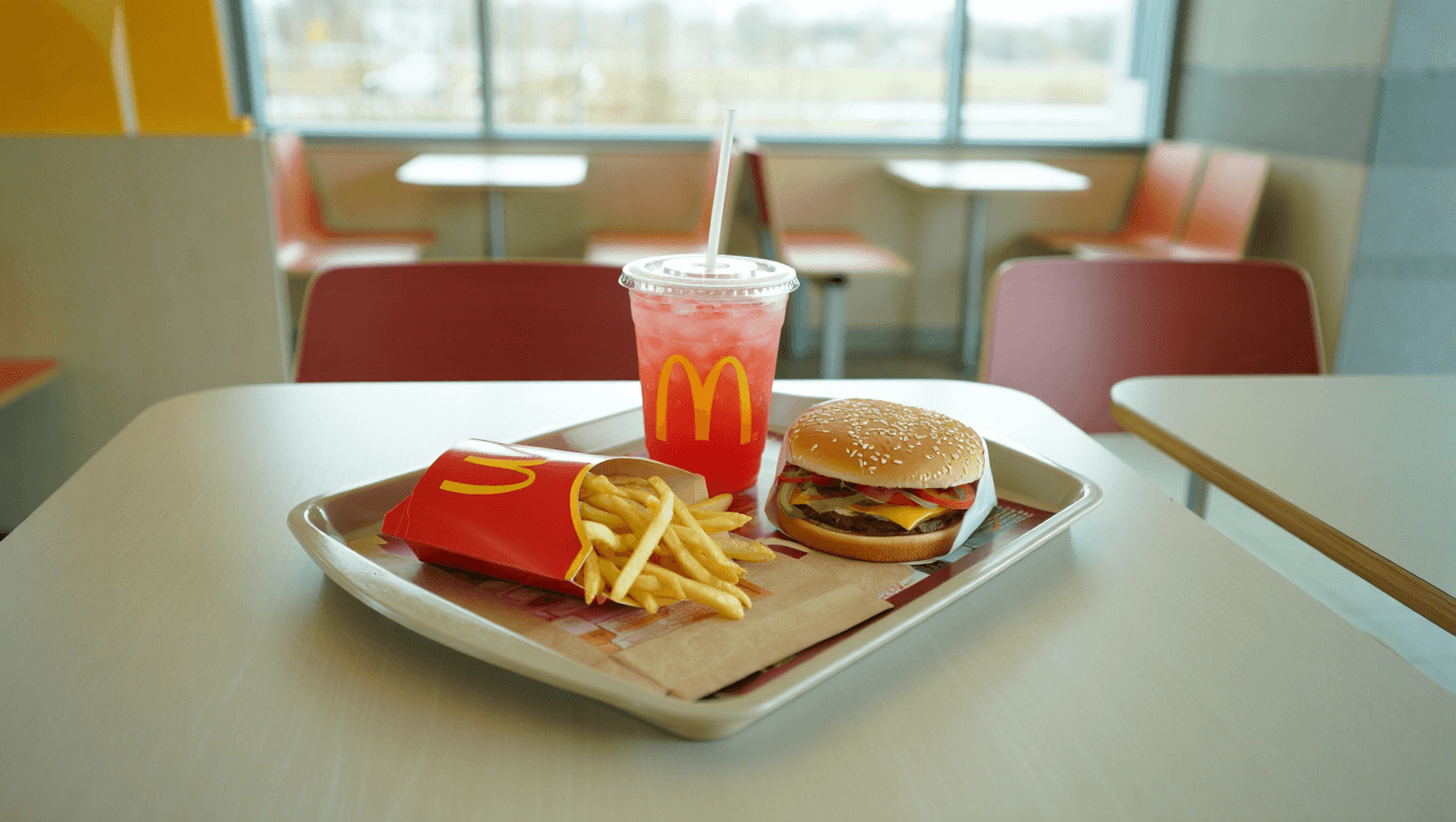 fast food combo meal with burger, fries, and cold drink on a tray in a bright restaurant setting