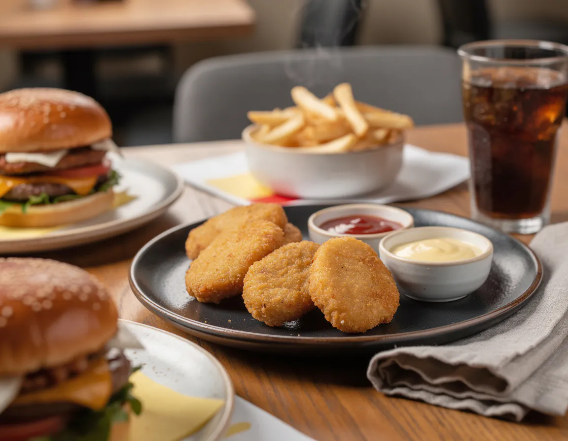 ten piece chicken McNuggets with dipping sauce on a dark plate