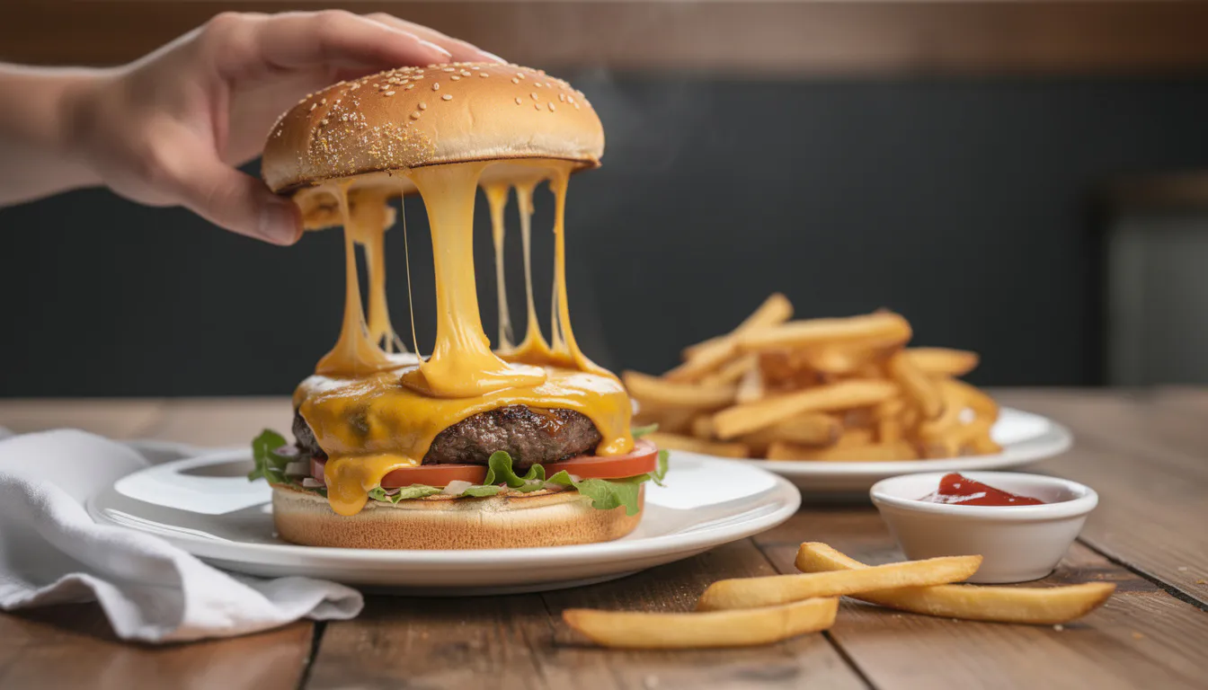close-up of a cheeseburger being lifted showing melted cheese pull against a dark background