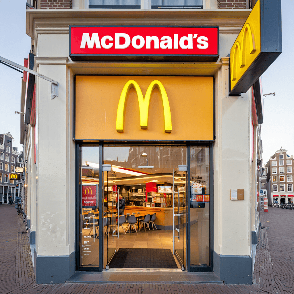 Mcdonalds restaurant storefront at Amsterdam Square with bright yellow and red signage under a clear sky