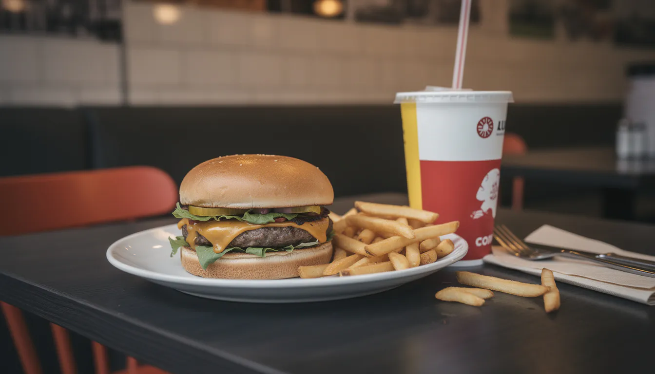 soft drink cup and fries resting on a dark table in warm low light