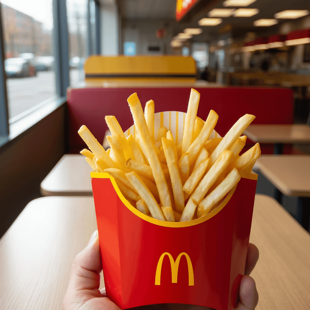 golden crispy french fries in a red carton held over a bright restaurant counter