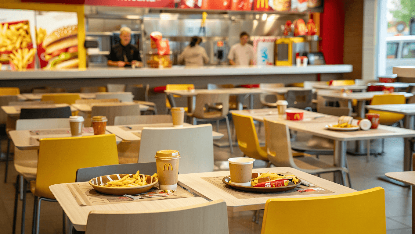 bright modern fast food restaurant exterior on a lively city square at golden hour