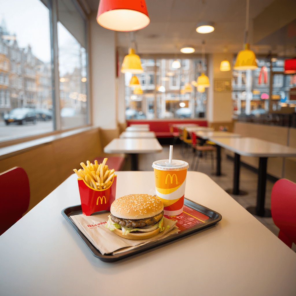 modern bright fast food dining room with clean tables and warm pendant lighting