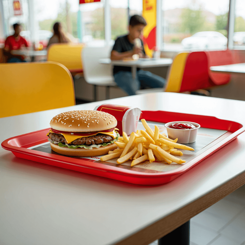burgers and fries arranged on a red tray on a clean service counter