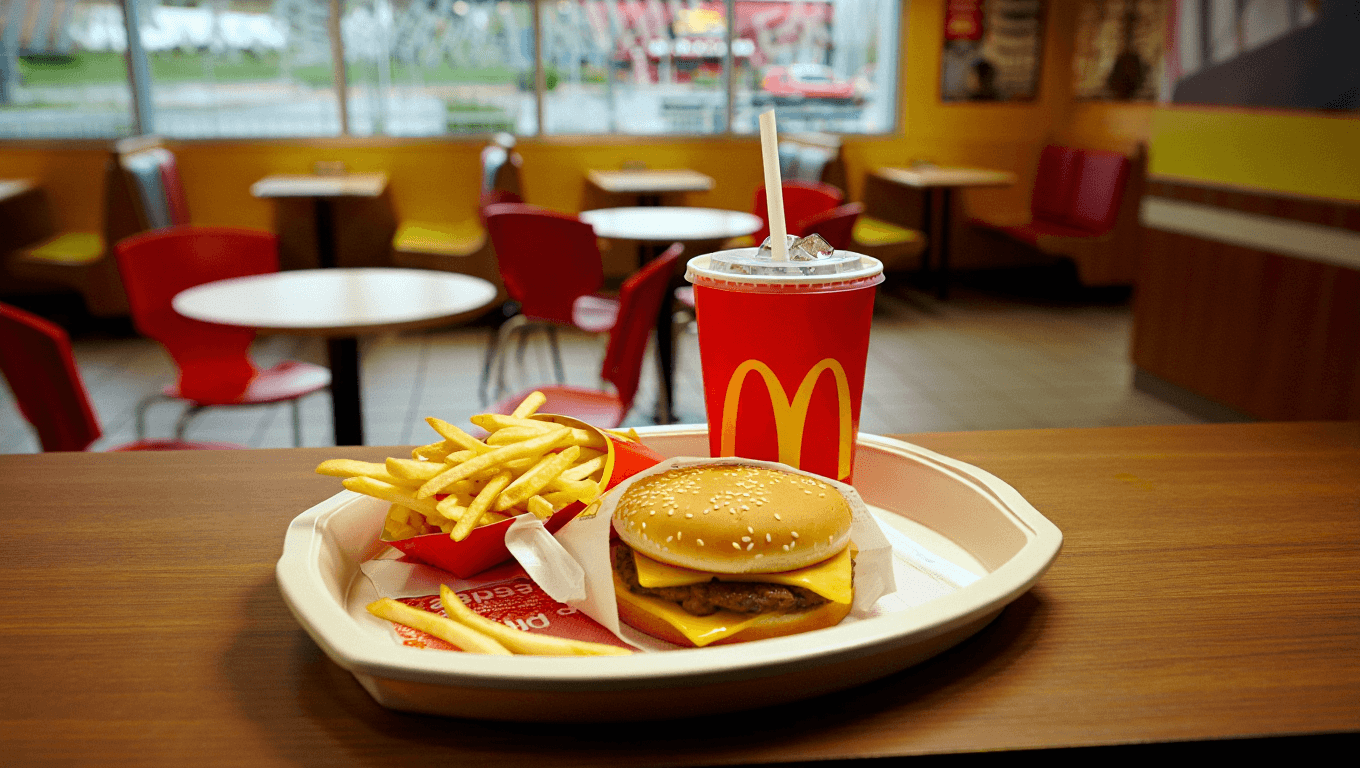 tray of burgers fries and a soft drink on a counter in a bright fast food restaurant at night
