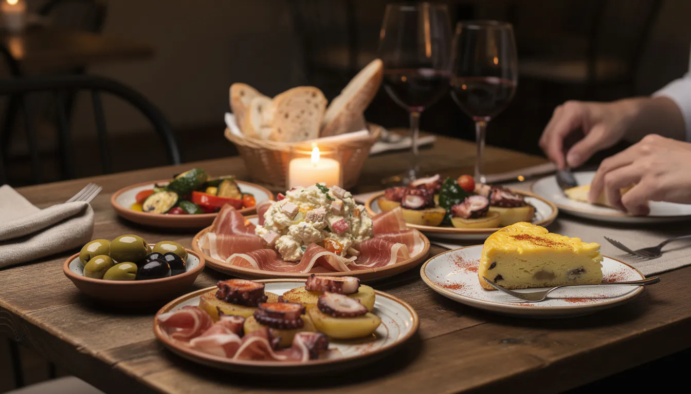 warm candlelit tapas table with small clay dishes of olives, bread and grilled vegetables in a dim Barcelona dining room