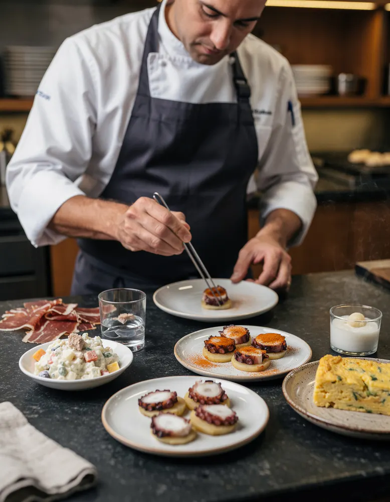 chef plating a small tapas dish with tweezers over a dark stone counter in a warm kitchen