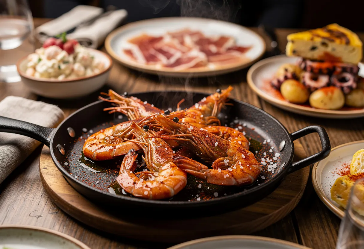 close up of grilled prawns sizzling on a cast iron pan with smoked paprika and sea salt