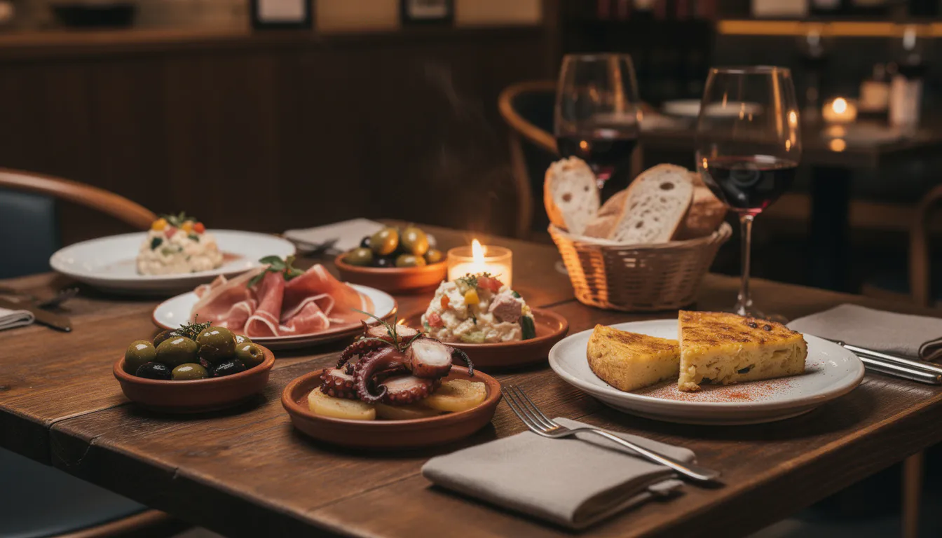 candlelit tapas table at night with small clay dishes of olives, cured ham, and crusty bread, warm amber glow, intimate Barcelona bar