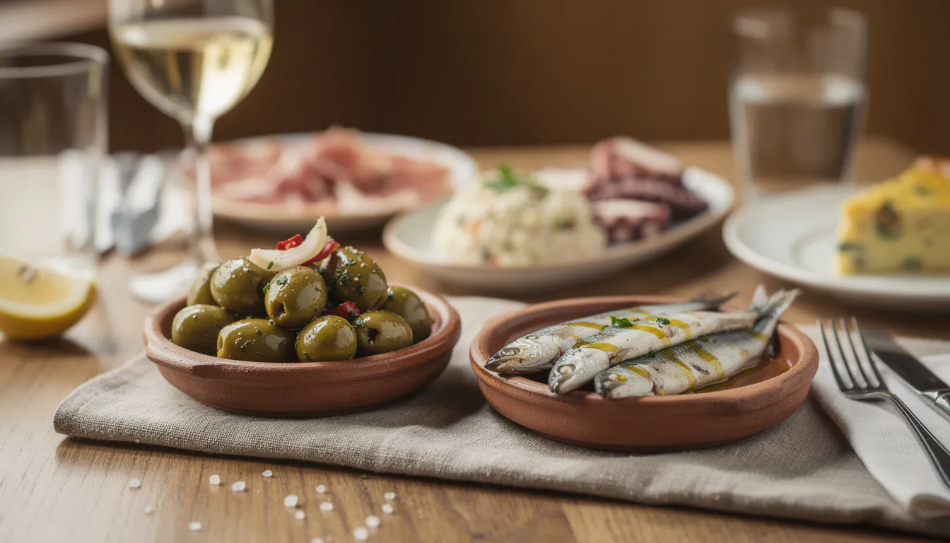 close-up of manzanilla olives in house marinade and marinated boquerones in small clay bowls, drizzled with olive oil, warm lighting