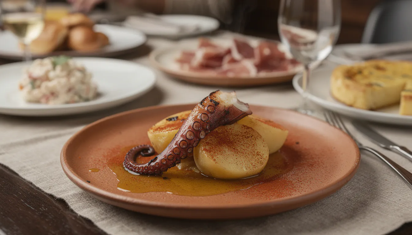 close-up of grilled octopus tentacle on boiled potato slices dusted with smoked paprika on a rustic clay plate, warm tones