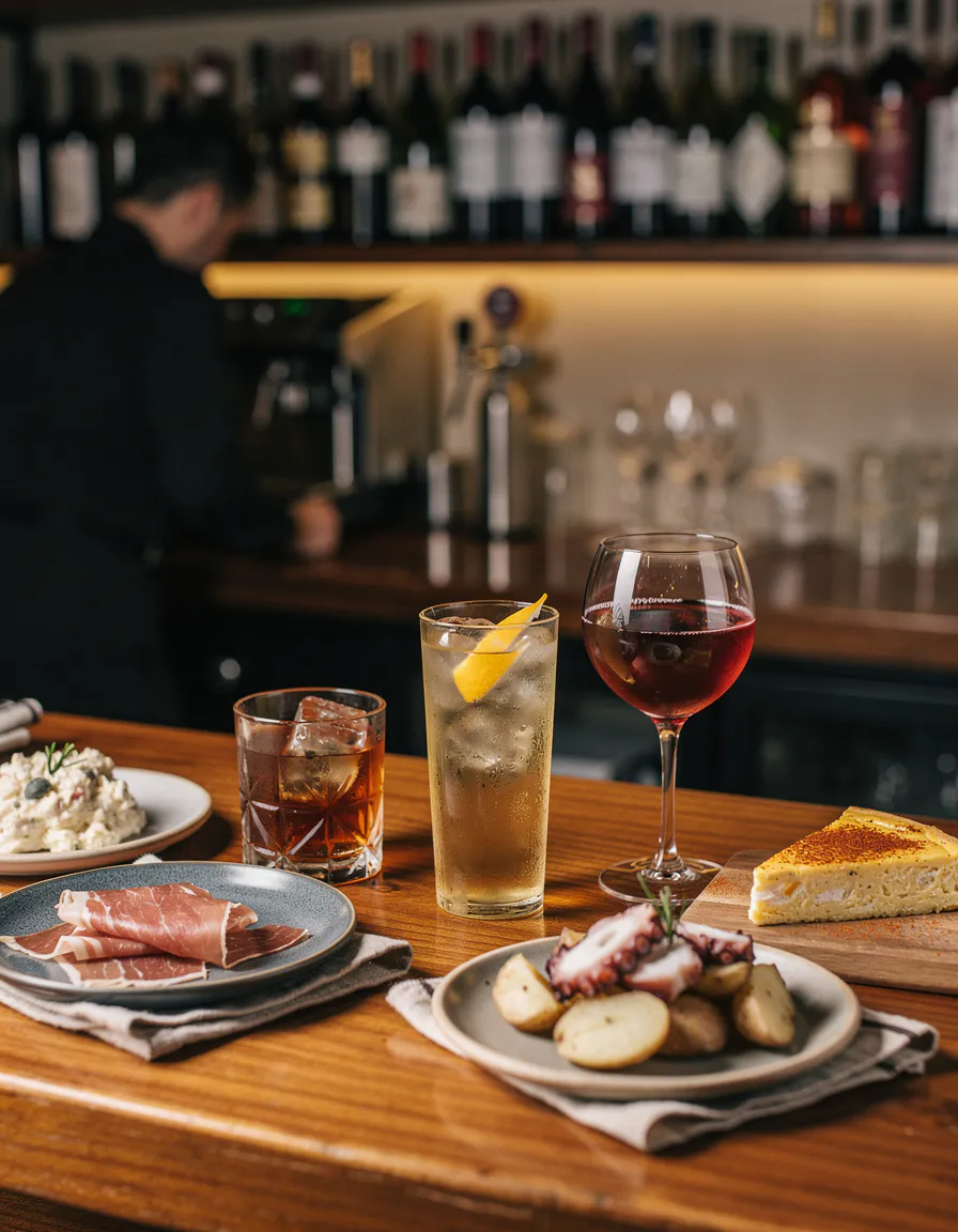 warm wooden bar counter with bottles of Spanish wine and sherry glasses, soft amber backlight, intimate Barcelona tapas bar