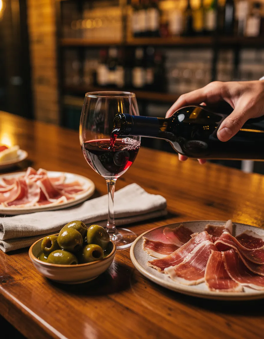 hand pouring red wine into a glass beside small plates of jamon and olives on a warm wooden table, golden evening light
