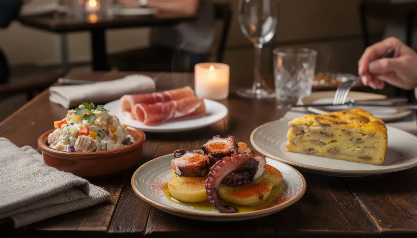 wooden board of jamon iberico slices fanned out beside olives and crusty bread on a dark clay table