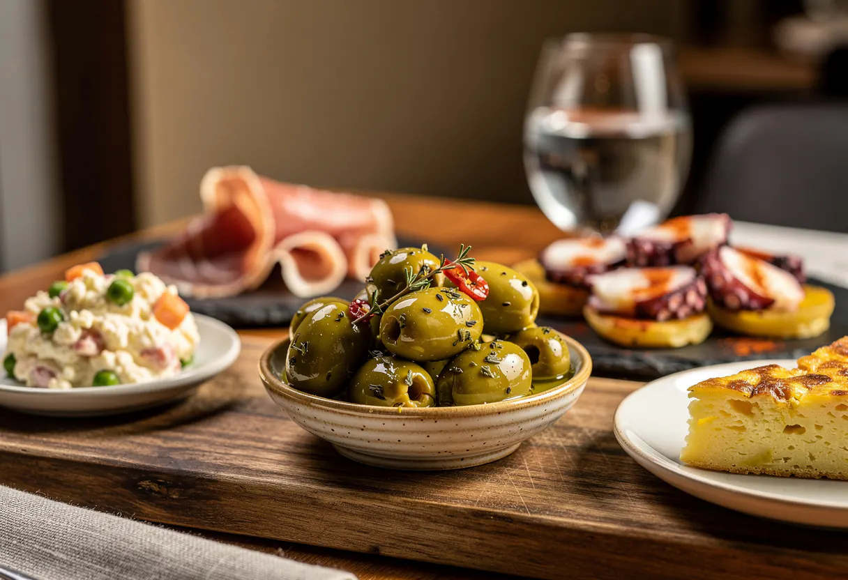 thin slices of cured spanish ham arranged on a small wooden board with a glass of sherry