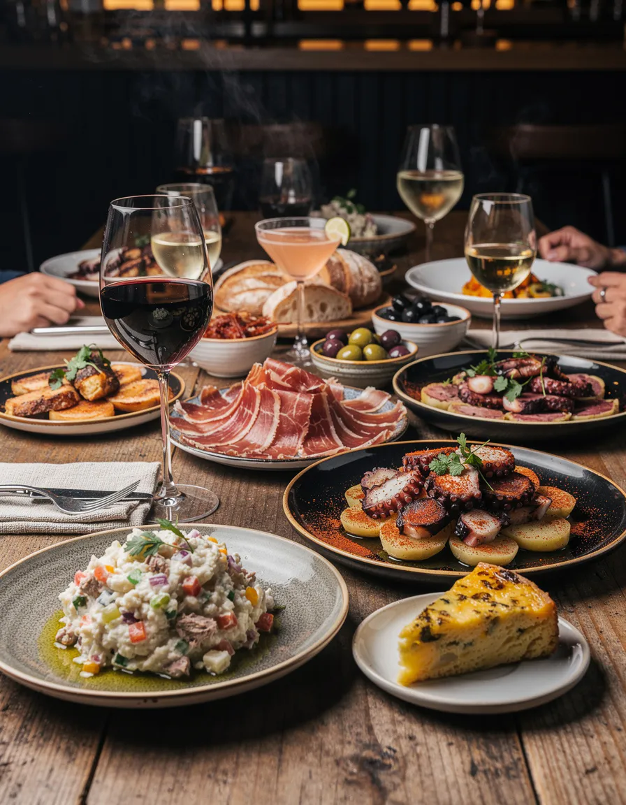 long wooden tapas table loaded with small plates of olives bread ham and grilled vegetables under warm light