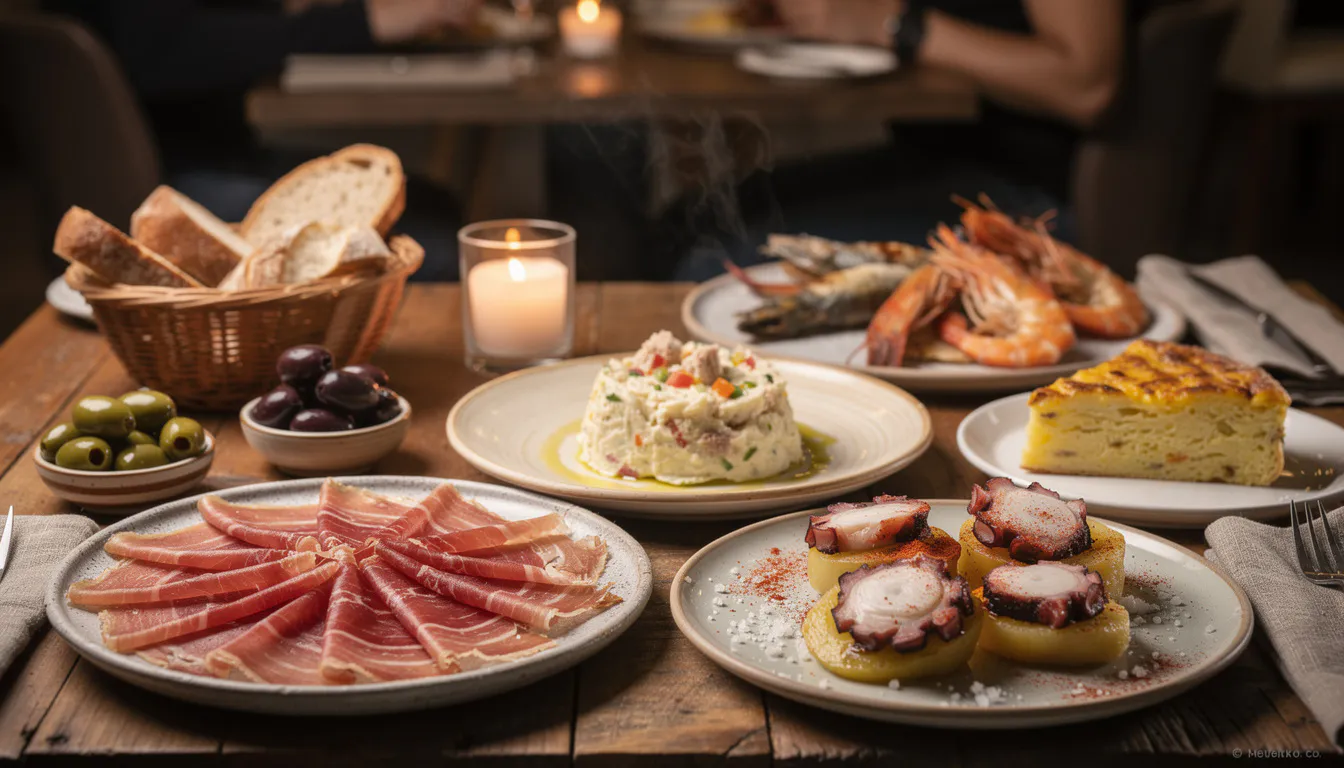 rustic table spread of spanish tapas small plates with olives, bread, and grilled seafood under warm candlelight