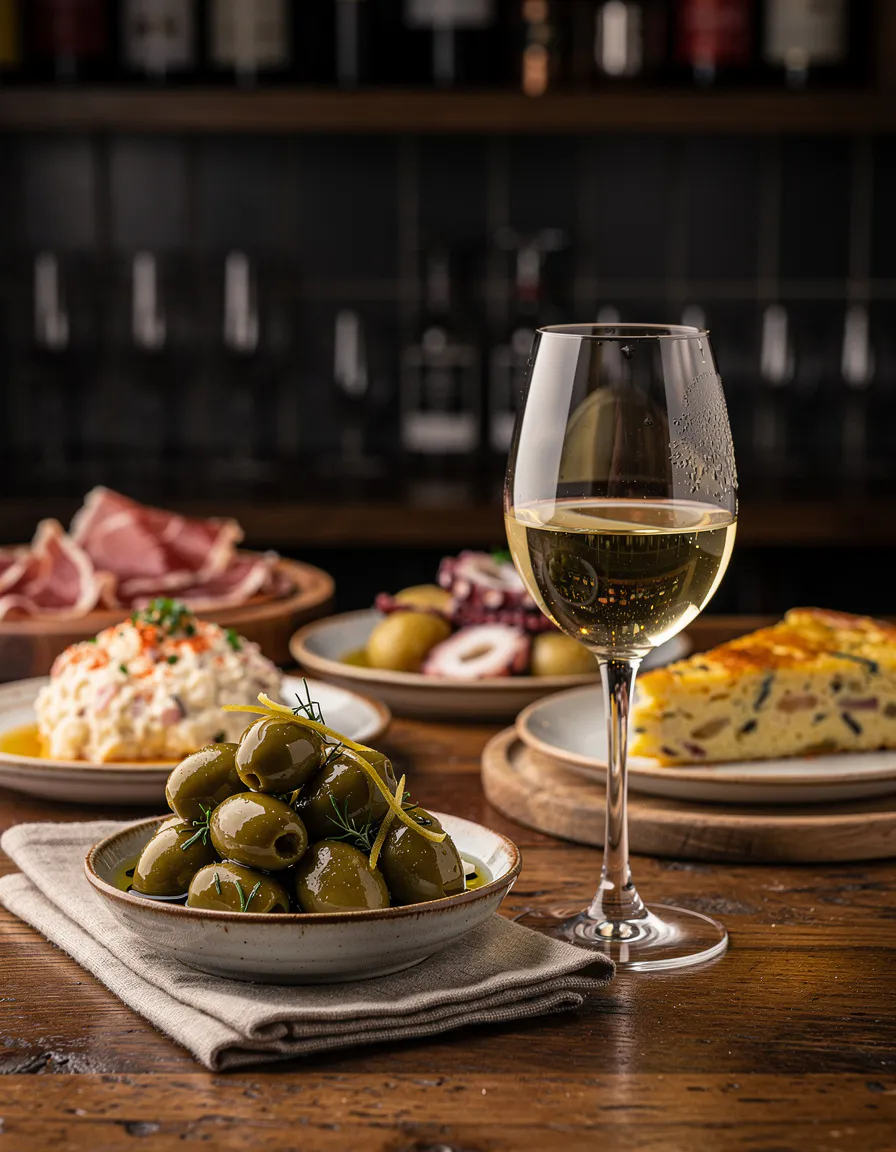 bowl of manzanilla olives in house marinade beside a glass of sherry on a warm wooden bar top