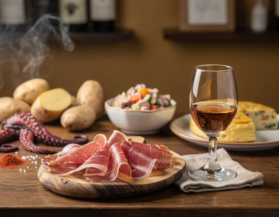 thin slices of cured spanish ham arranged on a small wooden board with a glass of sherry
