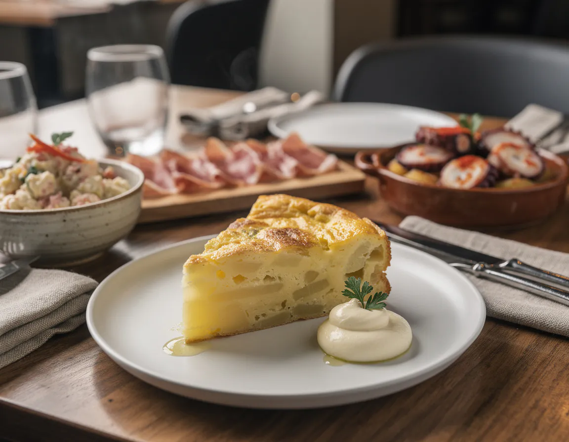 thick slice of spanish potato omelette on a ceramic plate with a side of aioli