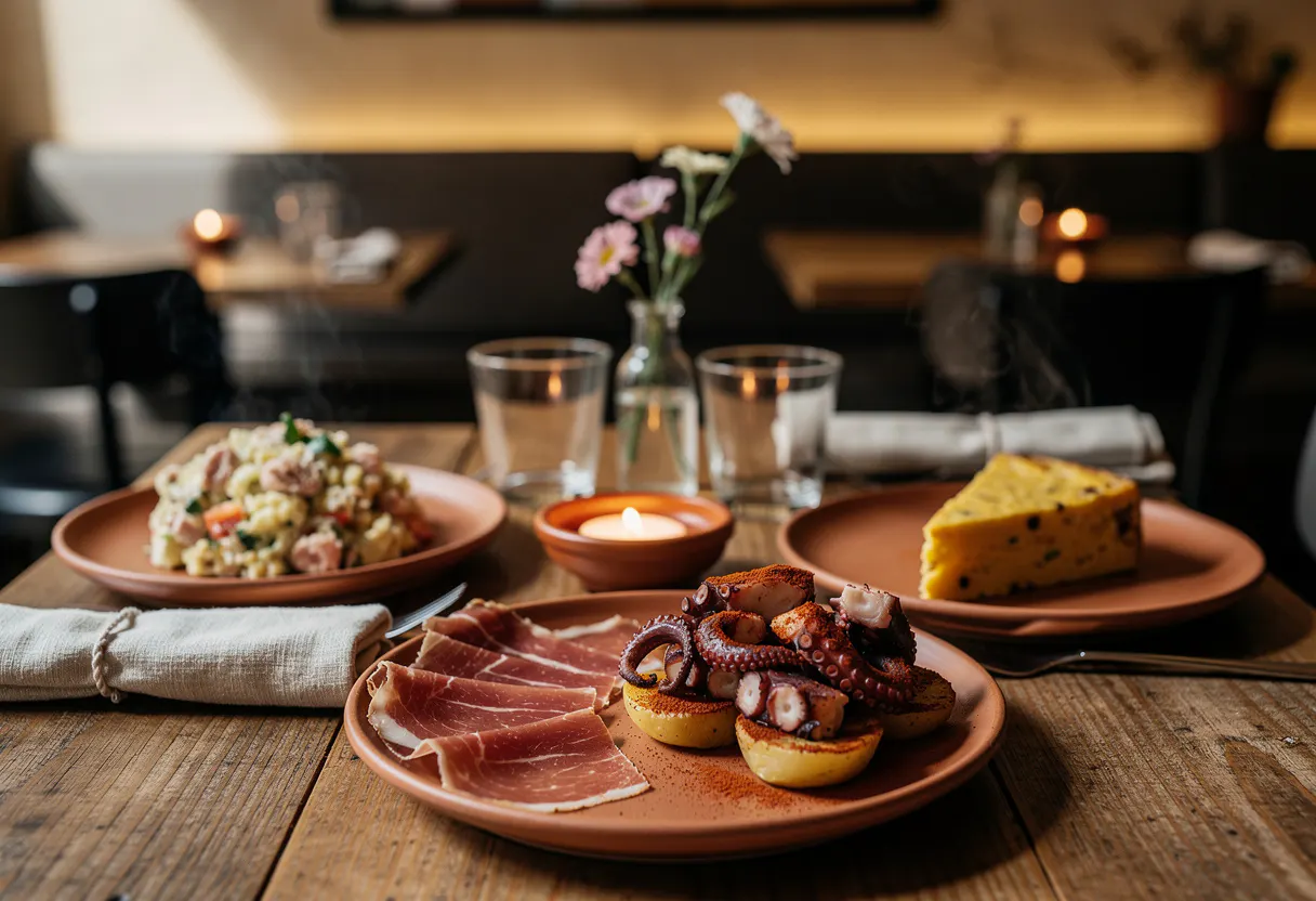 small clay dishes of olives, anchovies, and bread arranged on a dark wooden sharing table