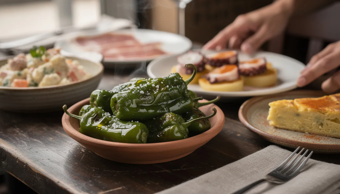 intimate candlelit tapas table set with small clay dishes, wine glasses, and a rustic bread basket