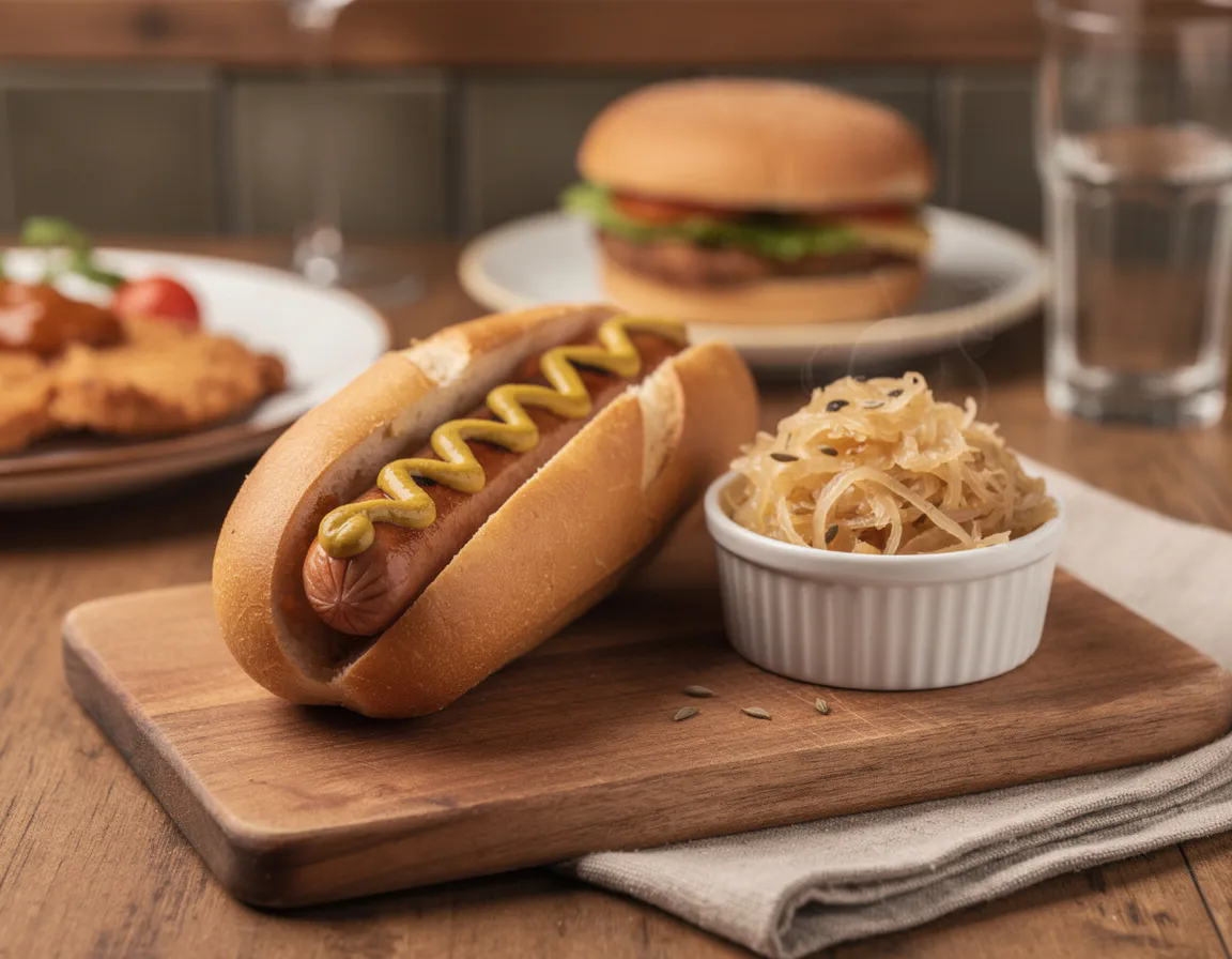 Two grilled bratwurst sausages with charred marks on a rustic plate with sauerkraut and coarse mustard
