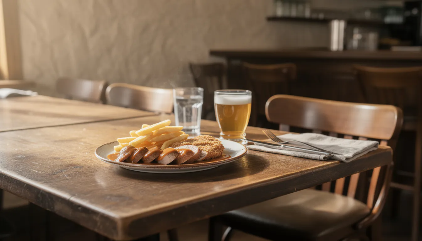 A corner of a warm cafetaria dining room with wooden tables, bentwood chairs and soft morning light through the window