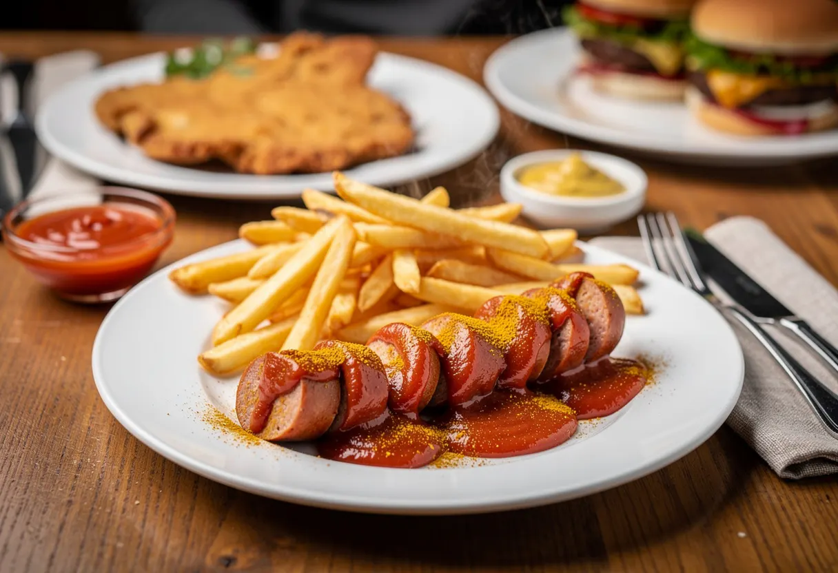 Classic currywurst sliced into pieces and coated in glossy curry sauce, dusted with curry powder, served with paprika-dusted fries