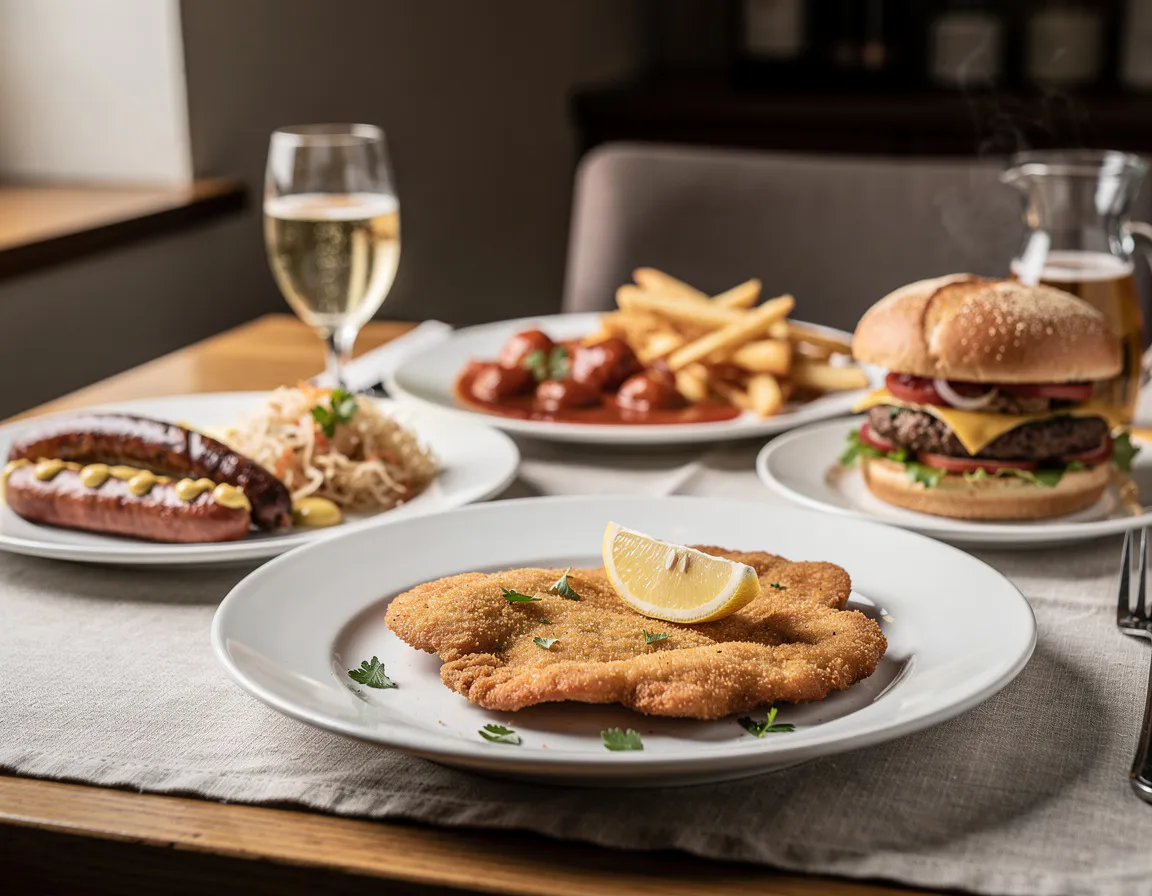 Golden breaded pork schnitzel on a white plate with lemon wedge, parsley and a side of pan-fried potatoes