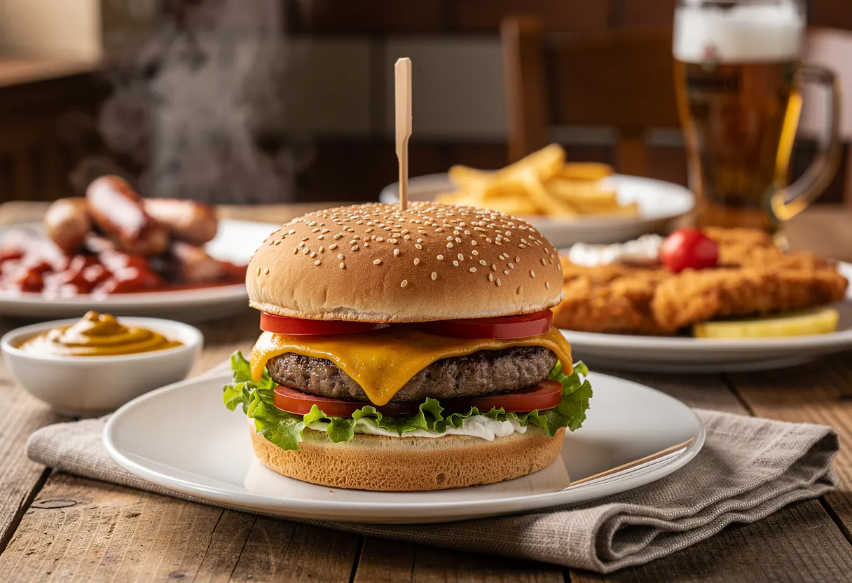 Juicy hamburger on a toasted brioche bun with melted cheese, crisp lettuce and tomato, beside a basket of golden fries