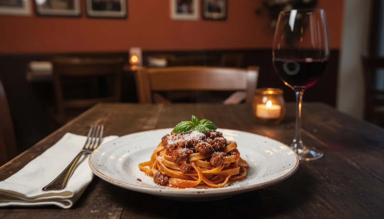 warm candlelit Italian restaurant interior with rustic wooden tables, wine glasses, and soft evening light