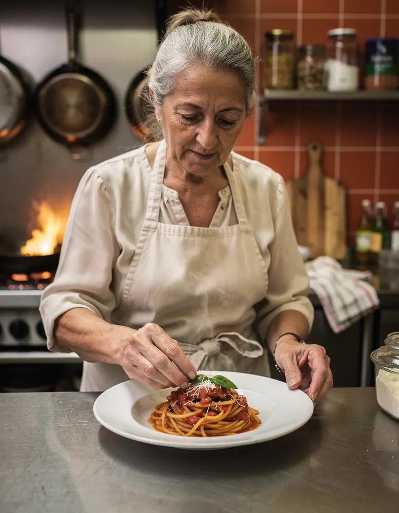 an older Italian woman with kind eyes standing in a warm restaurant kitchen, wearing an apron
