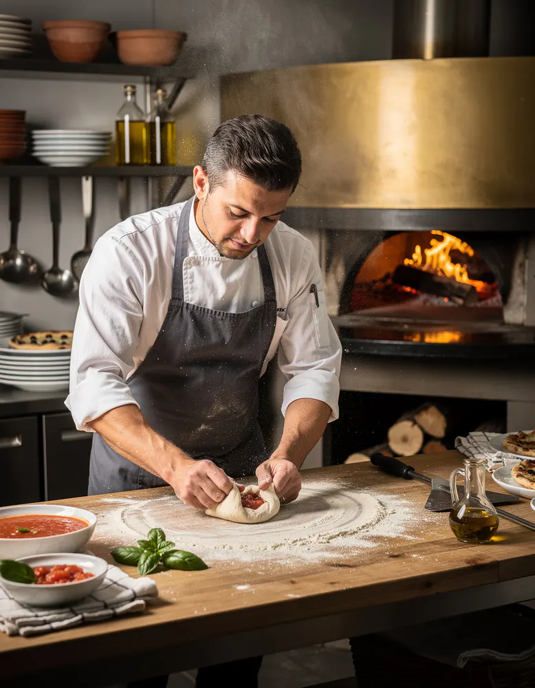 a focused Italian chef shaping pizza dough on a floured counter beside a wood-fired oven