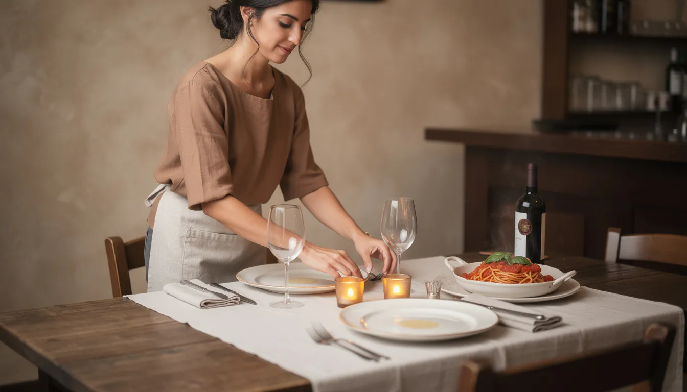 a young woman setting a rustic dinner table with wine glasses and candles in a warm dining room