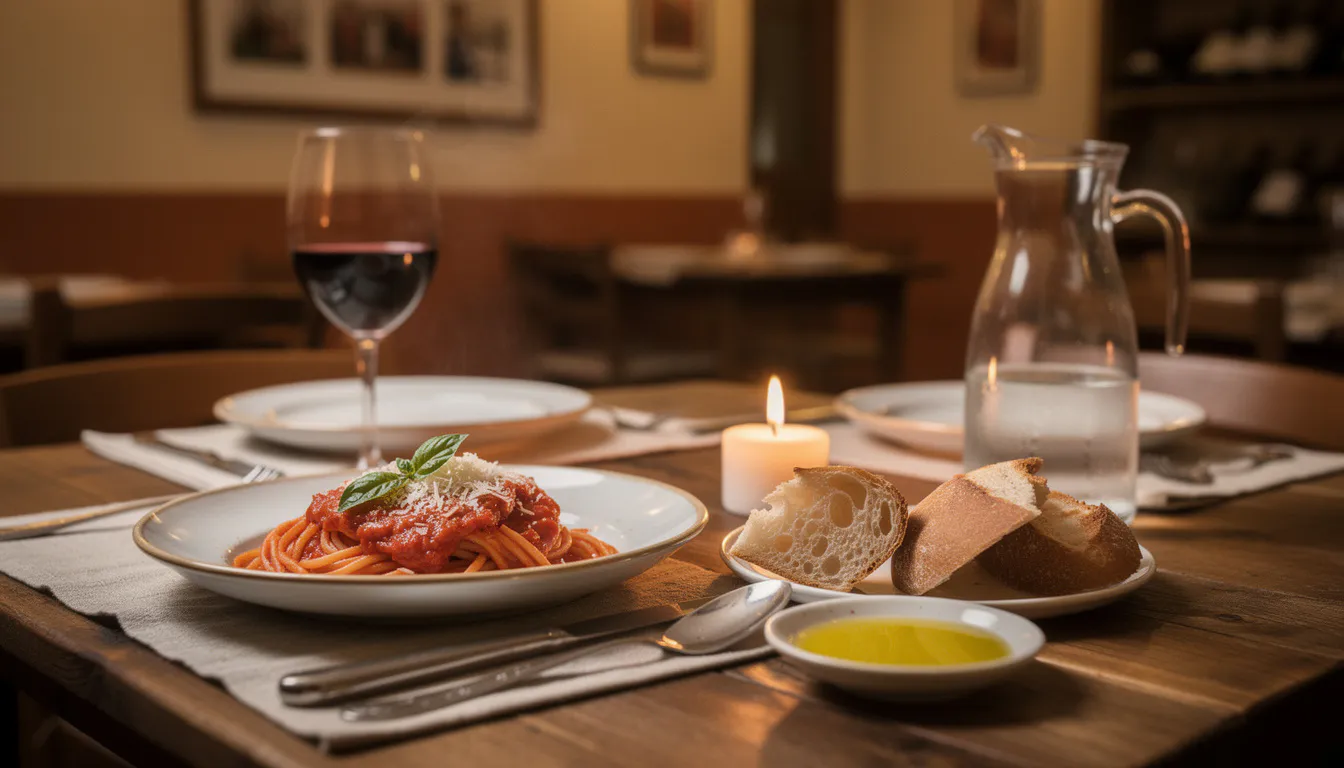 close up of a rustic Italian dinner table with pasta, wine, bread, and candlelight at evening