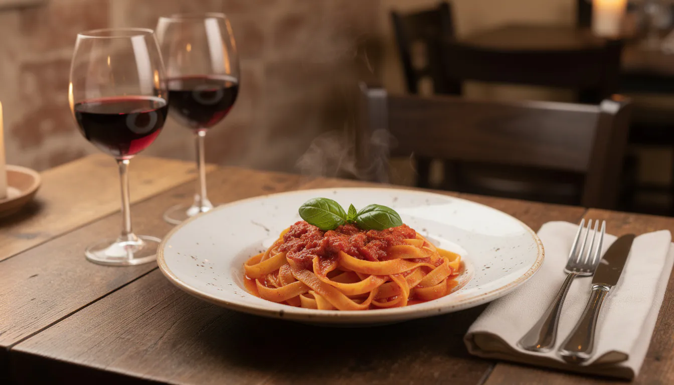 warm candlelit Italian restaurant table with wine glasses and a plate of fresh pasta