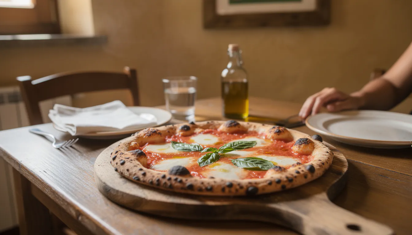 freshly baked margherita pizza with melted mozzarella and basil on a rustic wooden board