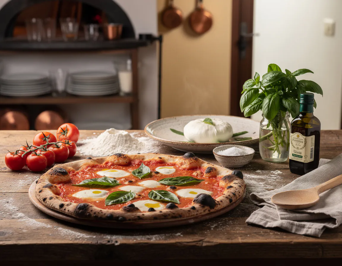 wood-fired margherita pizza with tomato sauce fresh mozzarella and basil leaves