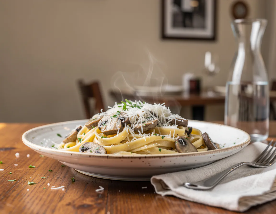 close up of creamy mushroom pasta tossed in a white bowl with parmesan