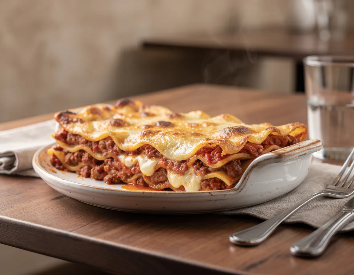 golden baked lasagna with layers of pasta ragu and bechamel in a ceramic dish